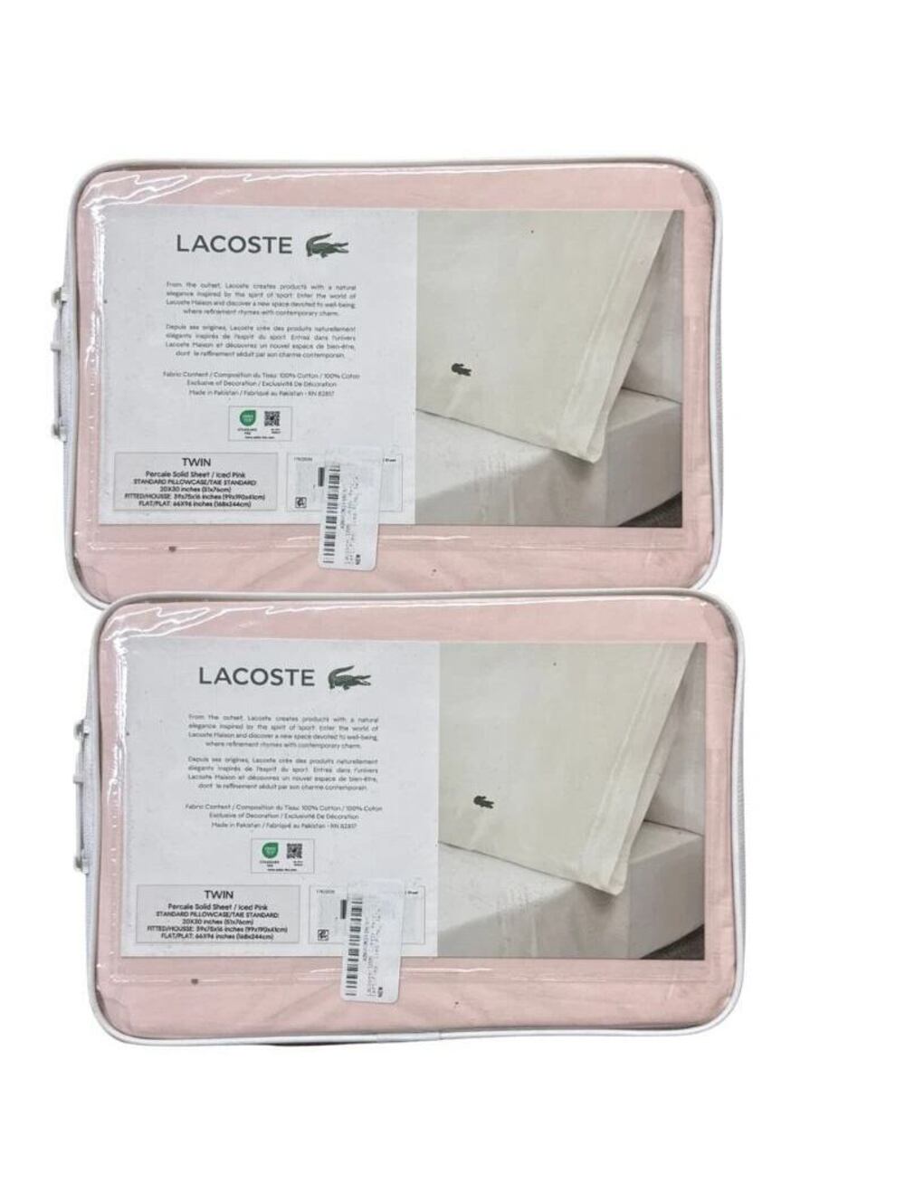 Lacoste Twin Sheet Set Percale 100% Cotton Iced Pink Bedding 2 Pack New